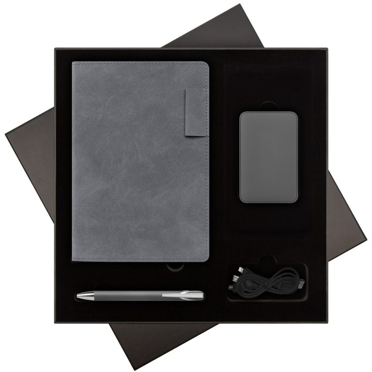 Подарочная коробка с ложементом для ежедневника, ручки и аккумулятора, черная (под съемные ложементы) — изображение 7